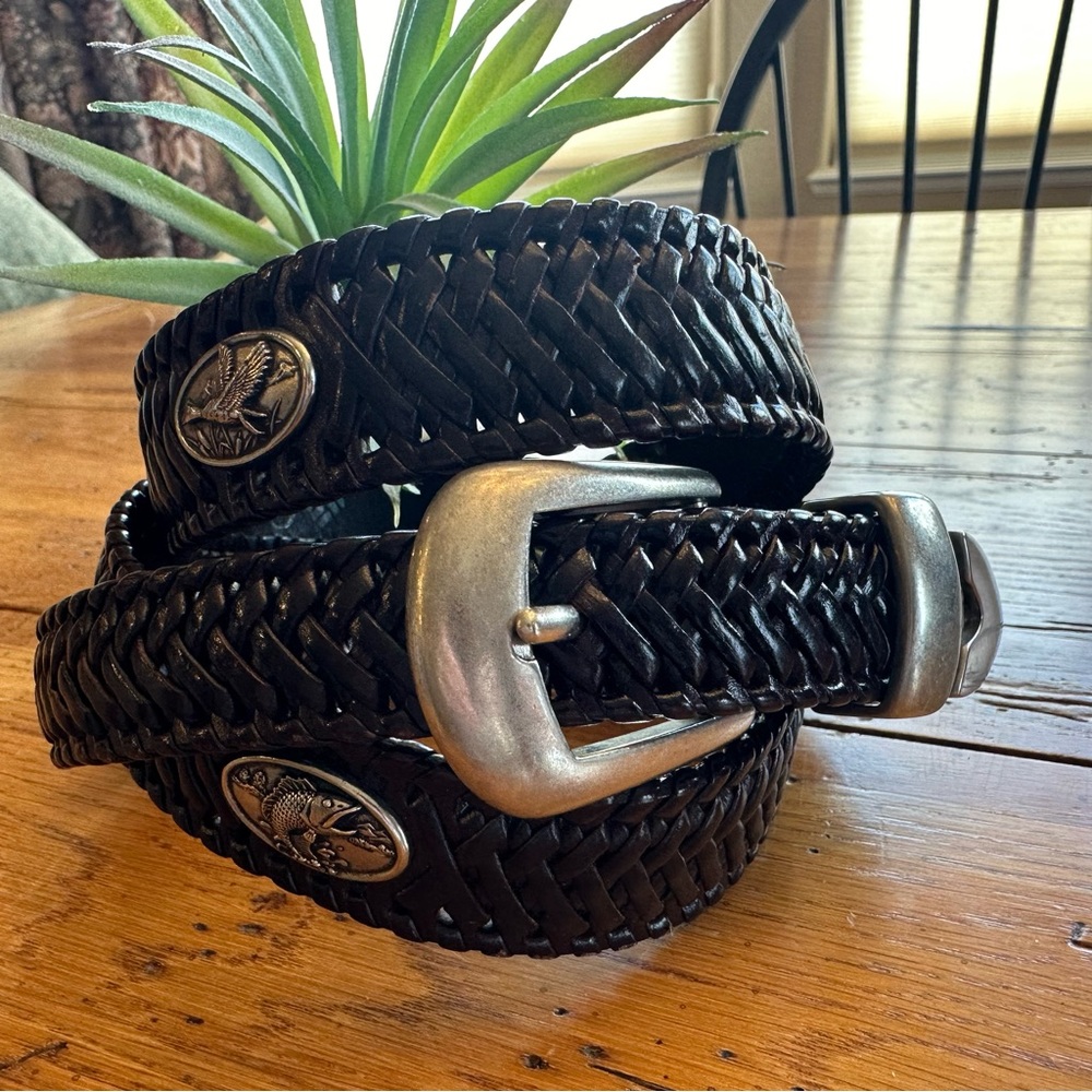 Black Woven Leather Belt with Silver Buckle